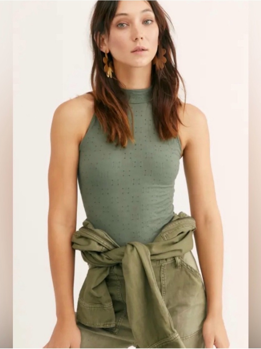 Free People Olive Green High Neck Bodysuit